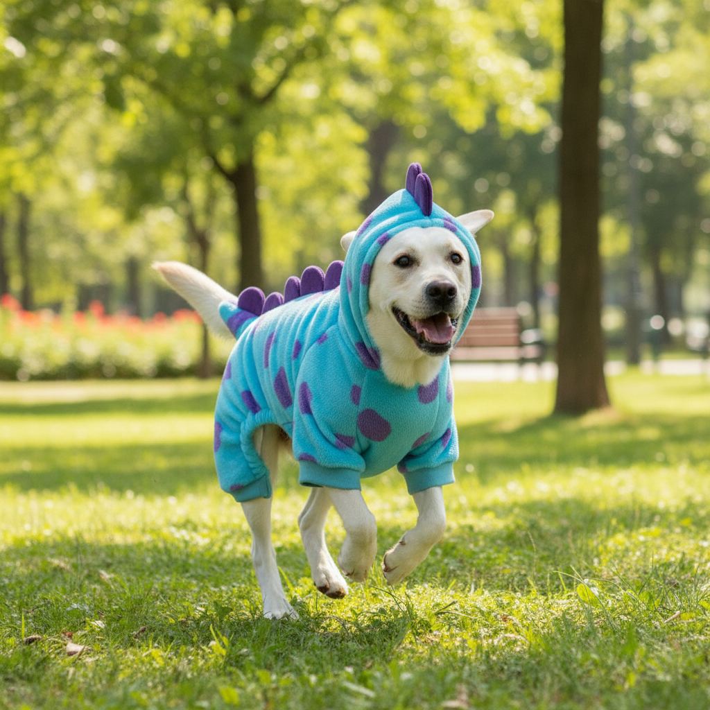 Blue Dinosaur Dog Coat – Thick Hooded Winter Jacket