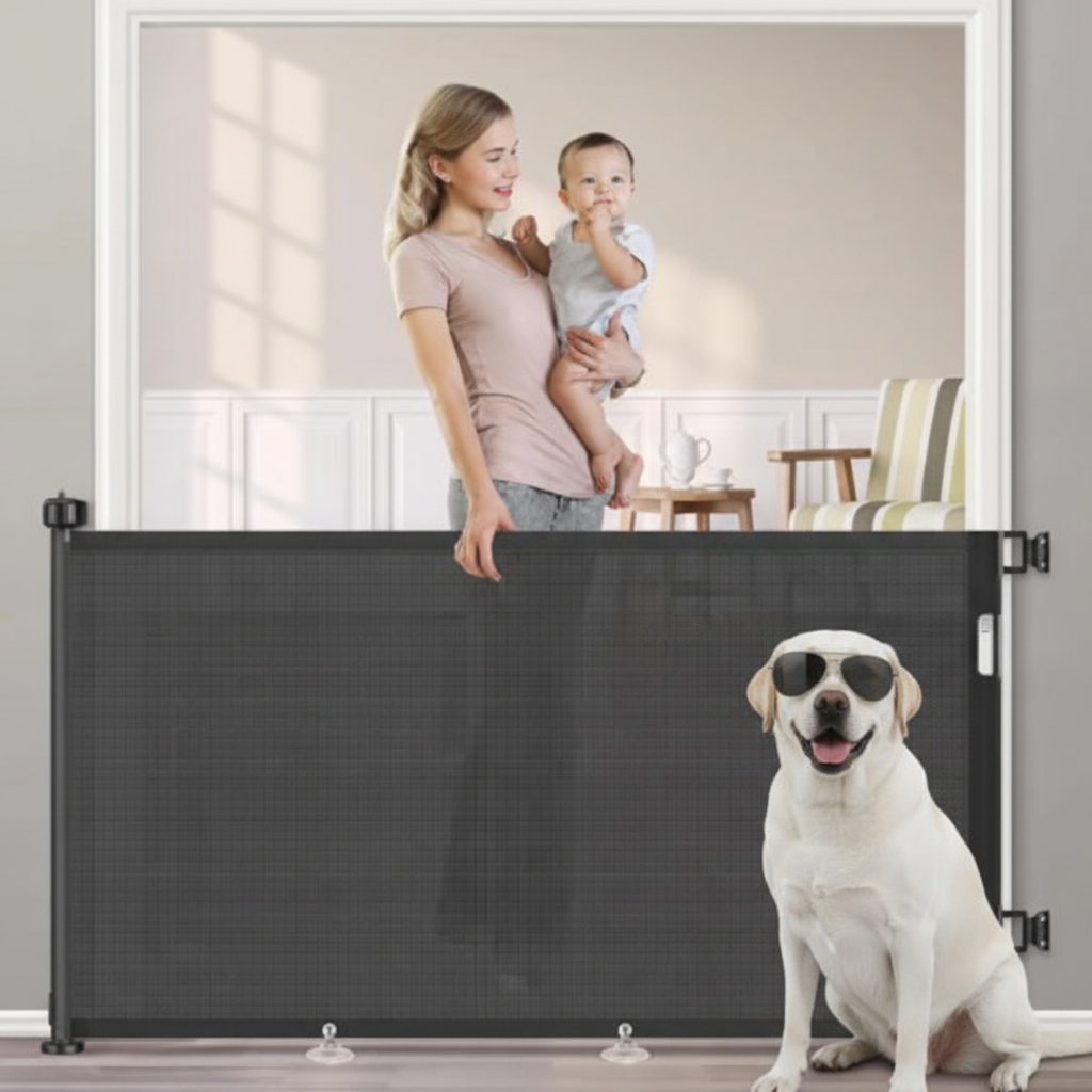 Retractable Dog Safety Gate – No Drill Mesh Stair & Doorway Fence