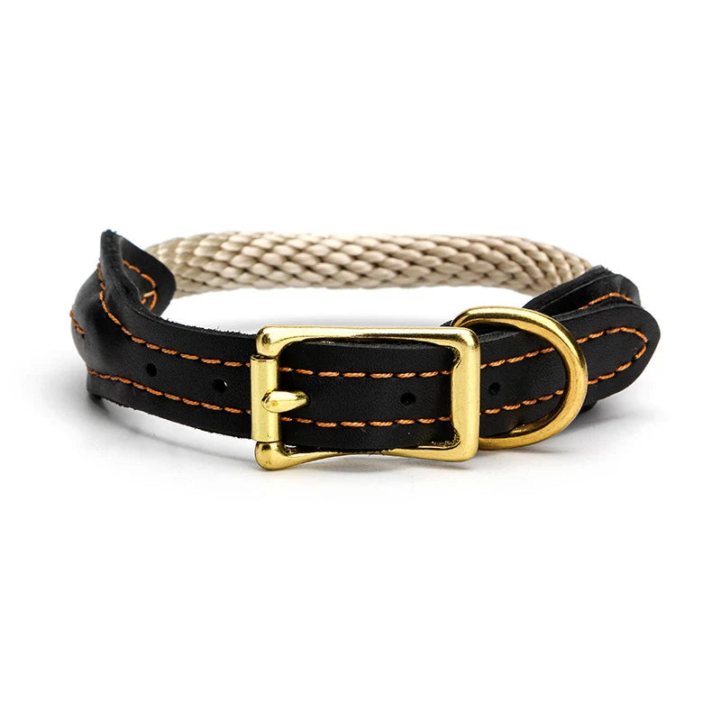 Real Leather Dog Collar with Hemp Rope & Copper Buckle – Adjustable Fit