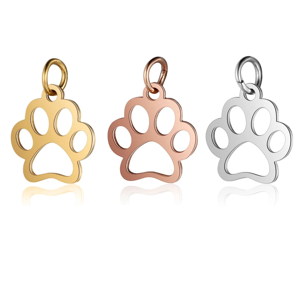 Paw Print & Bone Charm Pendants – Stainless Steel DIY Set (5 Pcs Gold)