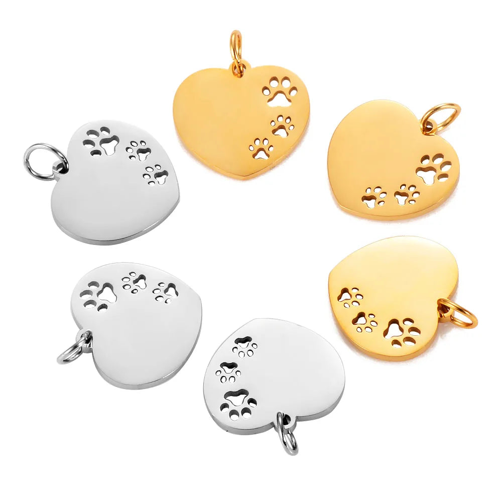 Paw Print & Bone Charm Pendants – Stainless Steel DIY Set (5 Pcs Gold)