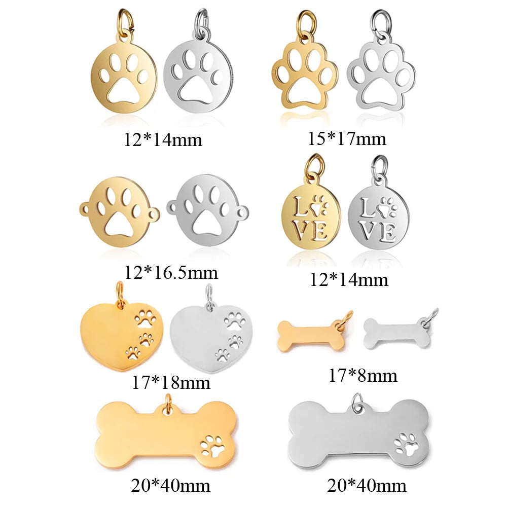 Paw Print & Bone Charm Pendants – Stainless Steel DIY Set (5 Pcs Gold)