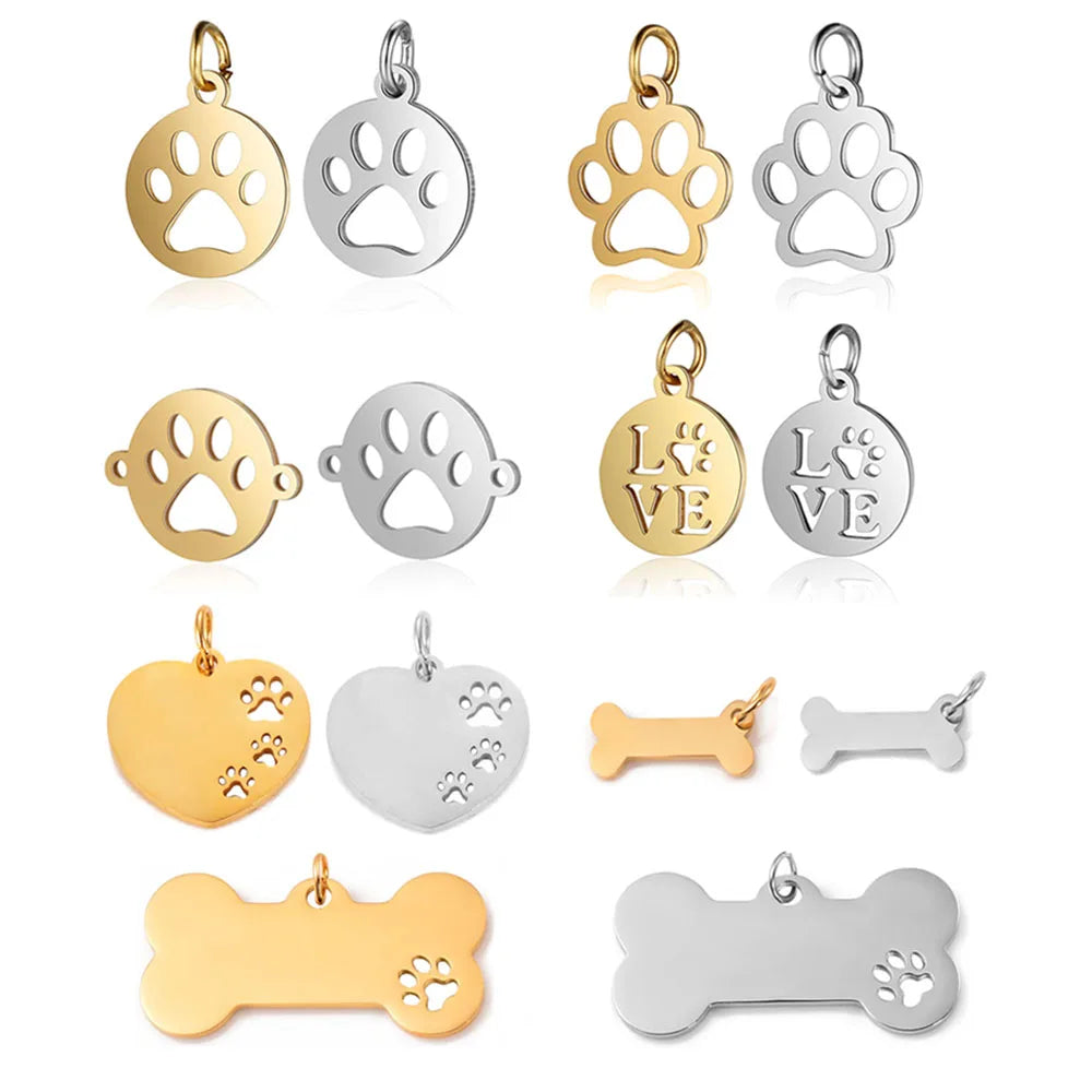 Paw Print & Bone Charm Pendants – Stainless Steel DIY Set (5 Pcs Gold)
