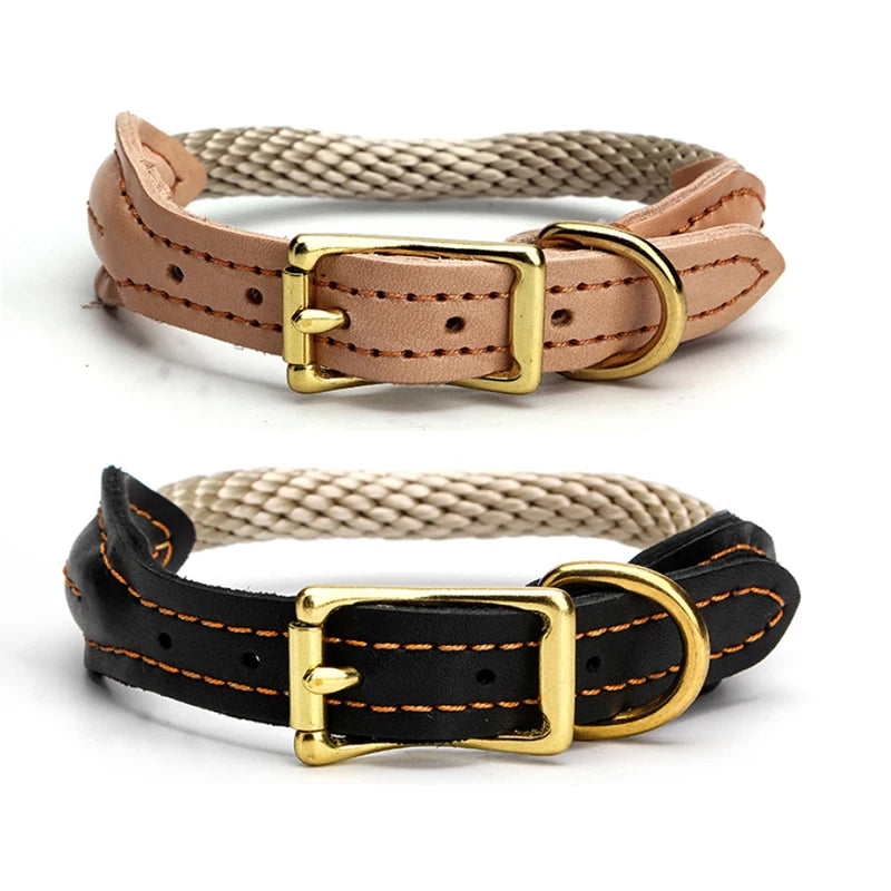 Real Leather Dog Collar with Hemp Rope & Copper Buckle – Adjustable Fit