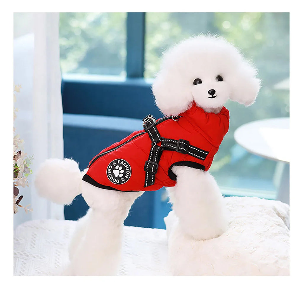 Winter Dog Coat Hoodie with Zipper Harness – Fleece Lined