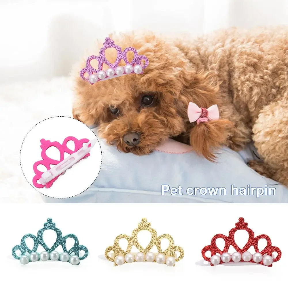 Small Dog Hair Clip Bow Faux Pearl Crown – 1 Pc Cute Pet Accessory