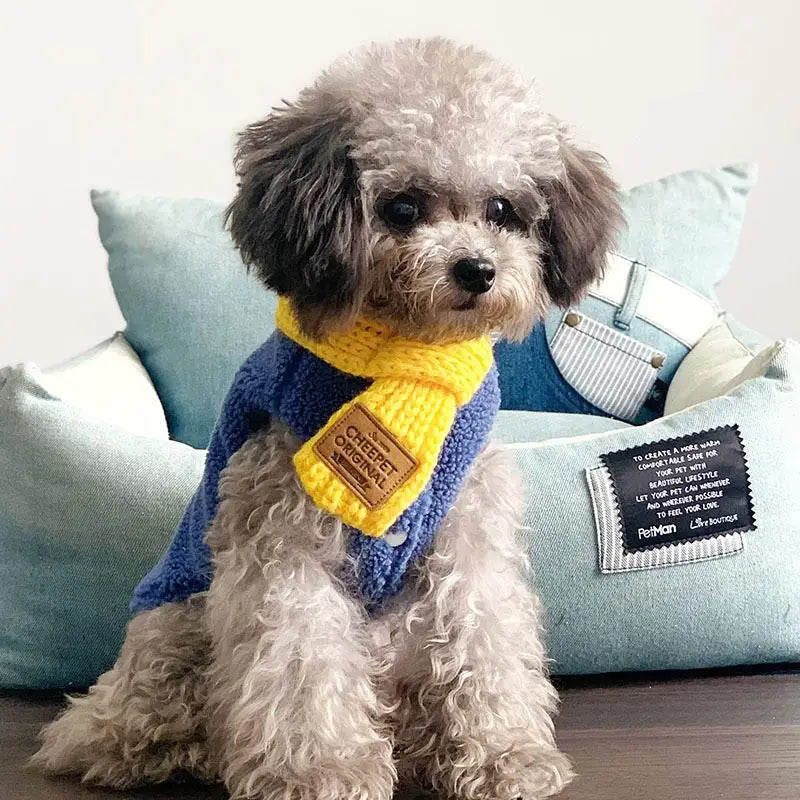 Korean Style Knitted Dog Scarf – Winter Warm Bow, One Size