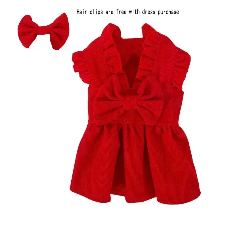 Winter Corduroy Dog Dress Set – Red Bow Outfit XS-XXL