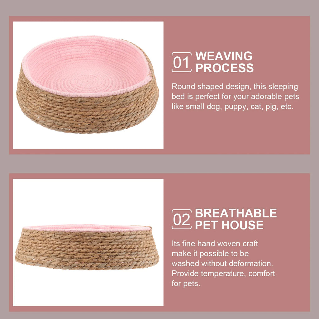 Handmade Rattan Dog Bed – Round Woven Natural Pet Nest with Cozy Cushion for Small Dogs
