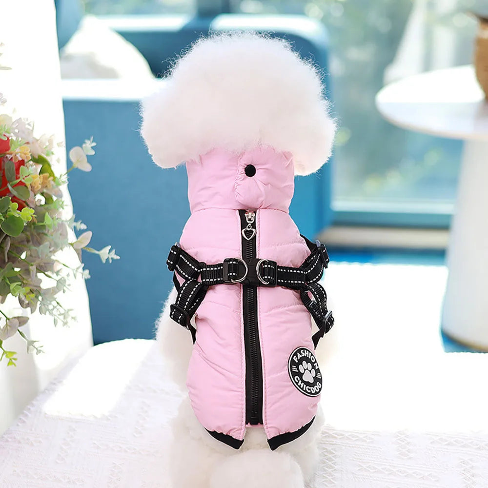 Winter Dog Coat Hoodie with Zipper Harness – Fleece Lined