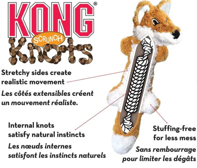 KONG Scrunch Knots Raccoon Dog Toy – Stuffing-Free Plush Squeaky Toy