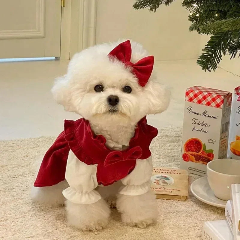 Winter Corduroy Dog Dress Set – Red Bow Outfit XS-XXL