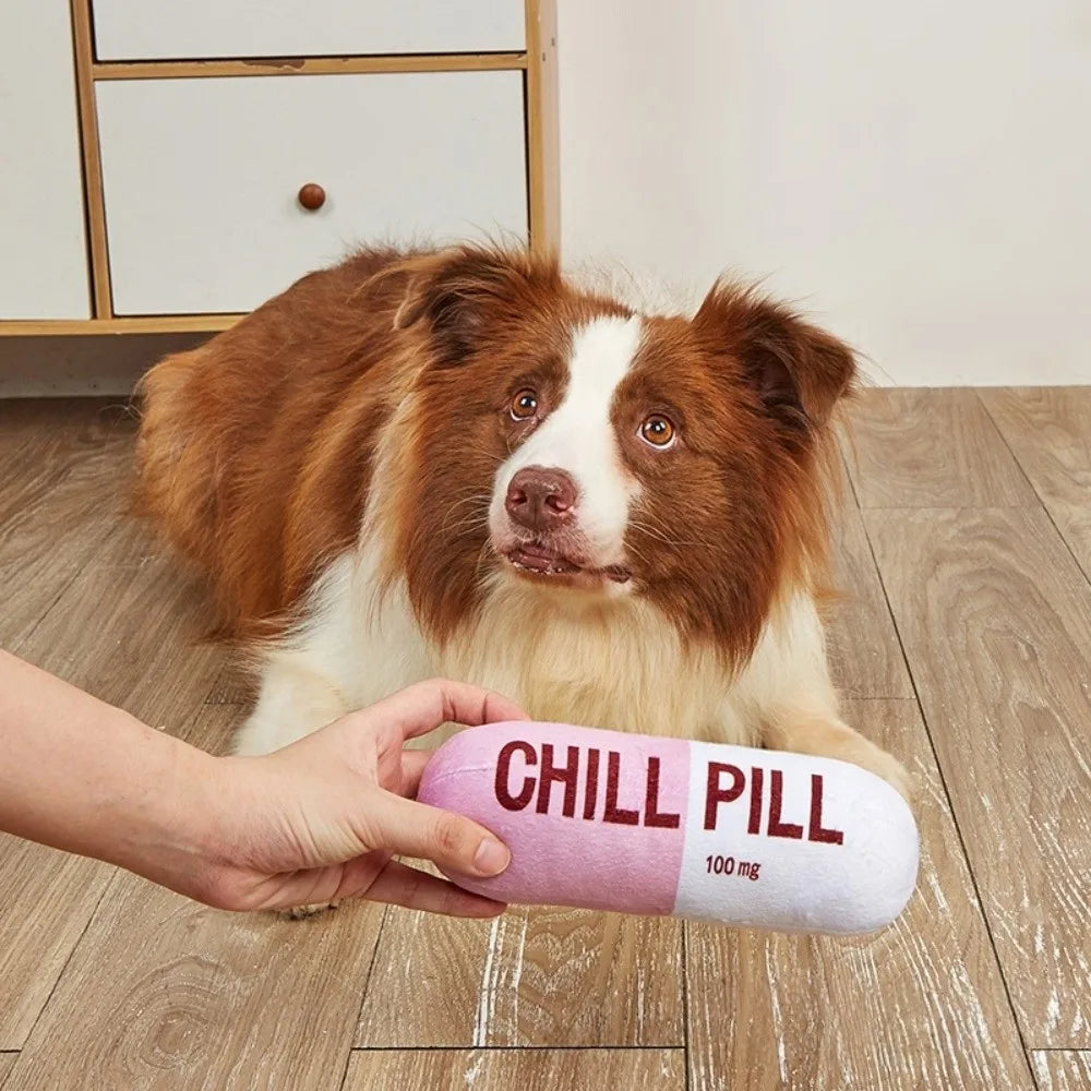 Pill-Shaped Plush Puppy Toy — Soft Bite-Resistant Interactive for Training & Teething Relief