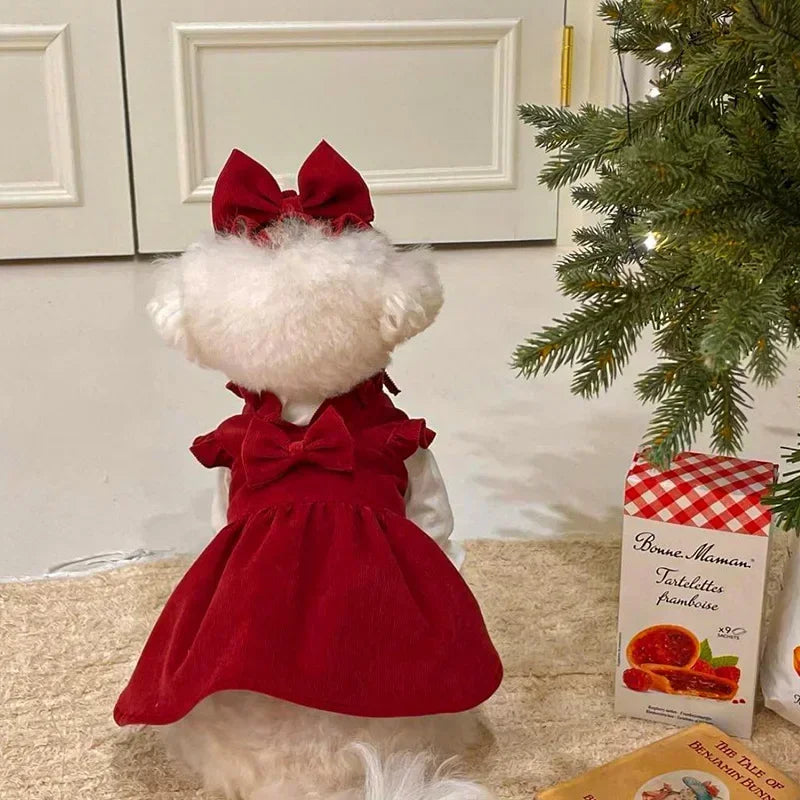 Winter Corduroy Dog Dress Set – Red Bow Outfit XS-XXL