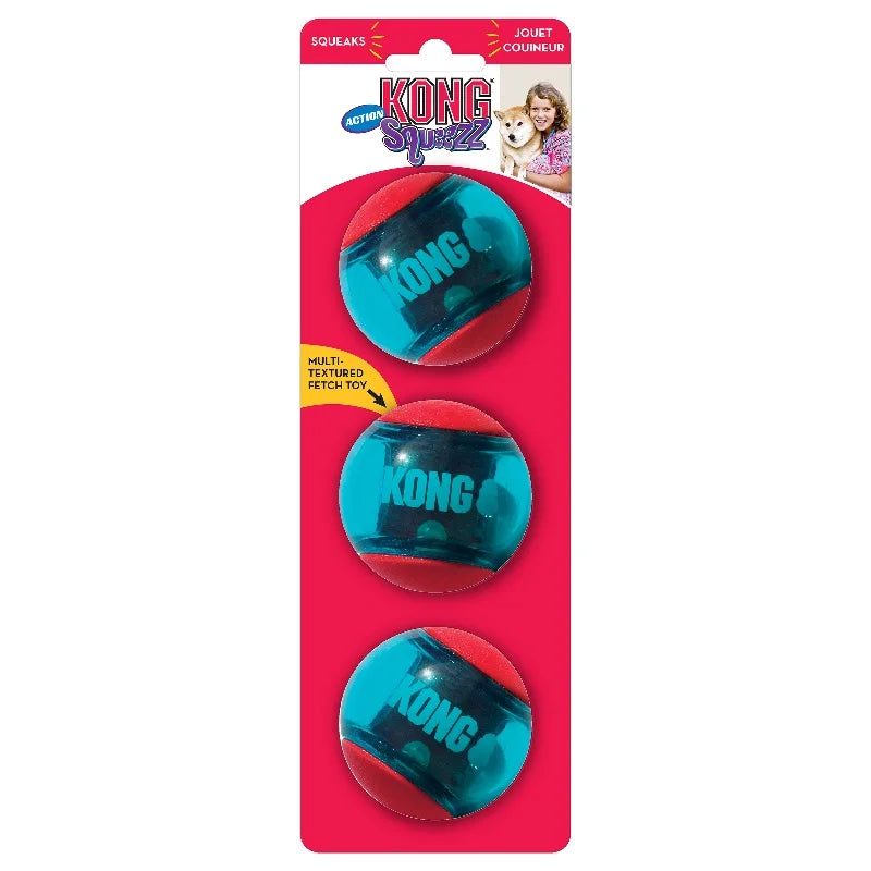 KONG Squeezz Action Balls 3-Pack – Squeaky Fetch Dog Toy Set (M)