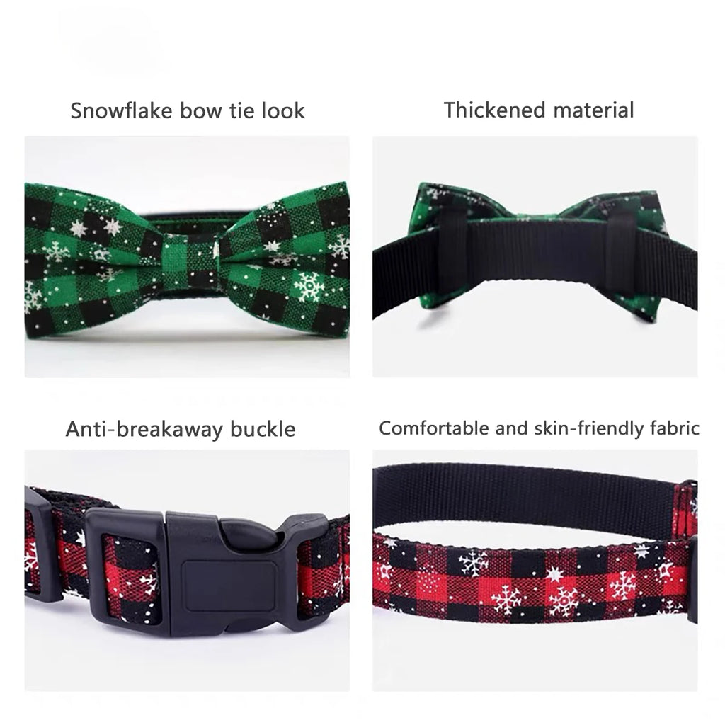Christmas Dog Collar with Bow Tie – Plaid Snowflake Festive Red