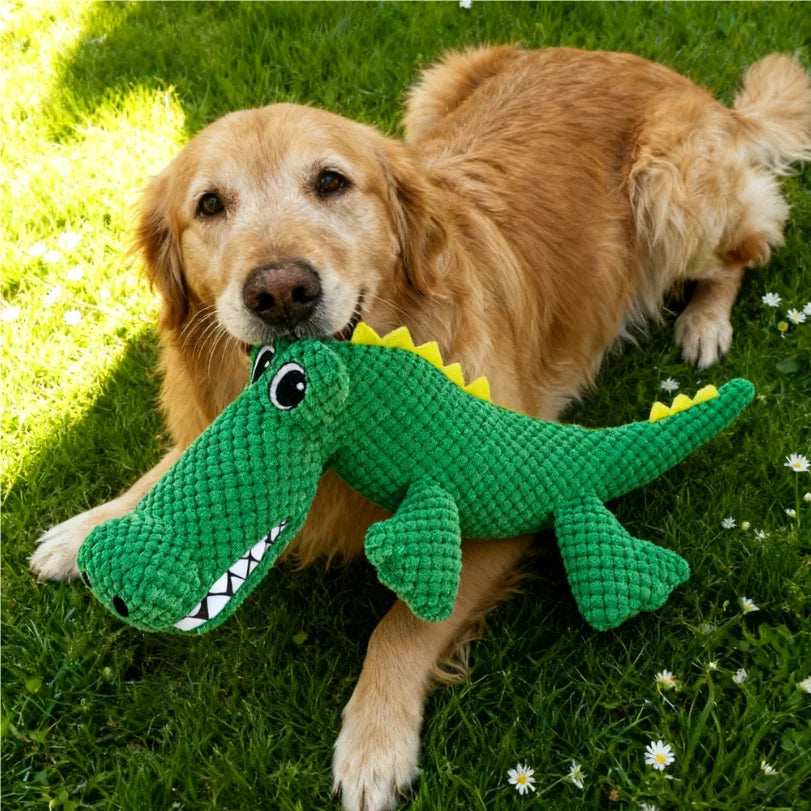 Chew Resistant Plush Dog Toy with Squeaker – Dinosaur or Crocodile