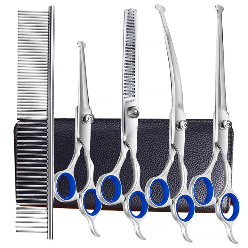 Professional 5-Piece Dog Grooming Scissors Set - Safety Round Tip Stainless Steel Kit