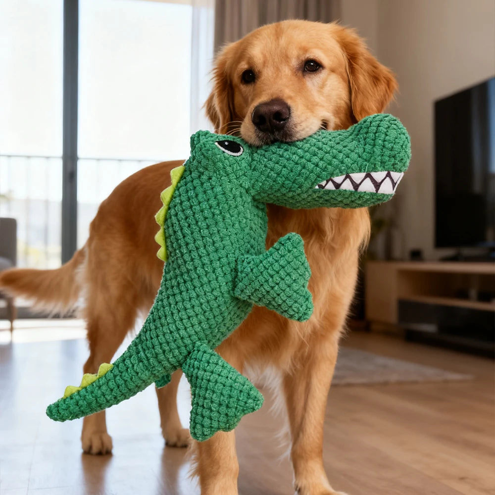 Chew Resistant Plush Dog Toy with Squeaker – Dinosaur or Crocodile