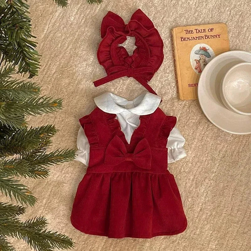 Winter Corduroy Dog Dress Set – Red Bow Outfit XS-XXL