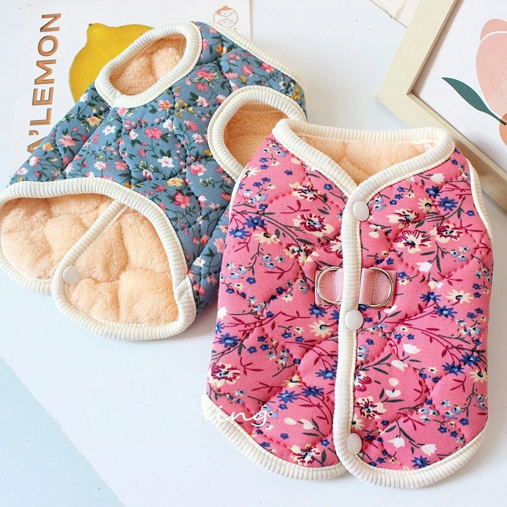 Floral Dog Vest Coat – Cotton Winter Fleece Jacket for Small Dogs