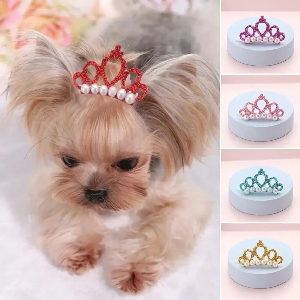 Small Dog Hair Clip Bow Faux Pearl Crown – 1 Pc Cute Pet Accessory