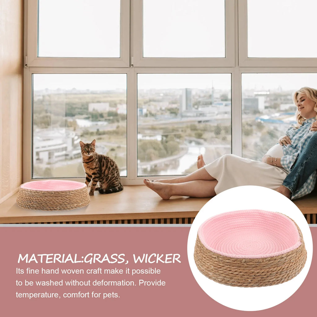Handmade Rattan Dog Bed – Round Woven Natural Pet Nest with Cozy Cushion for Small Dogs