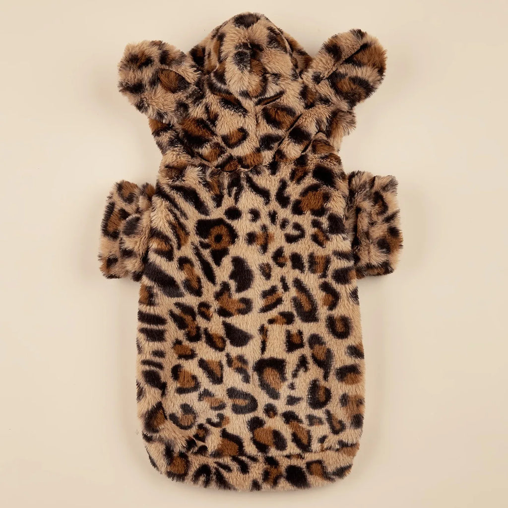 Leopard Print Dog Hoodie with Ears – Plush Fleece Winter Sweater