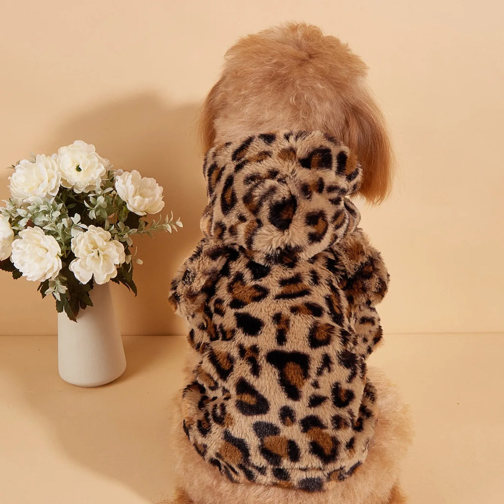 Leopard Print Dog Hoodie with Ears – Plush Fleece Winter Sweater