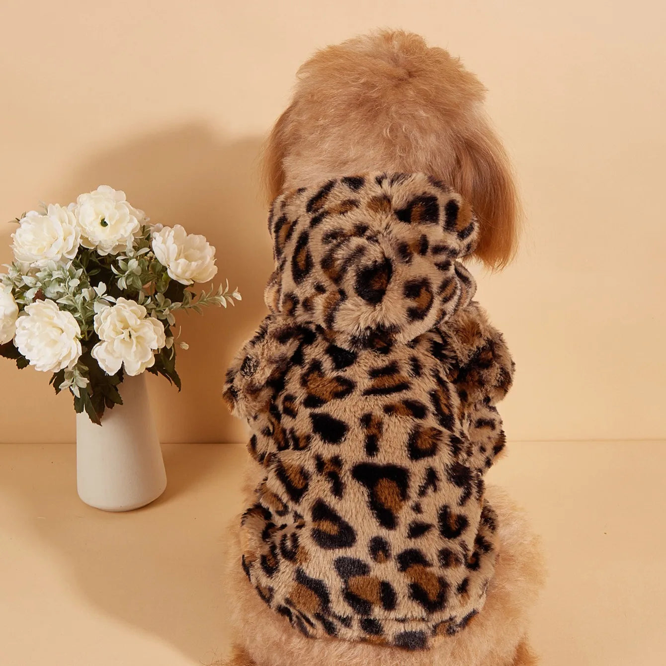 Leopard Print Dog Hoodie with Ears – Plush Fleece Winter Sweater