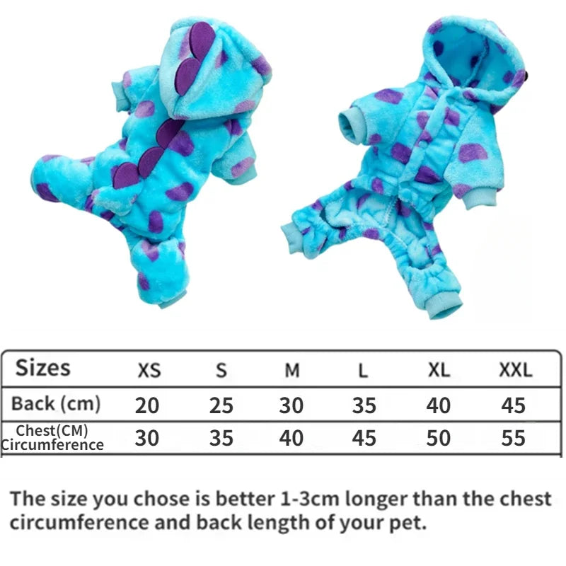 Blue Dinosaur Dog Coat – Thick Hooded Winter Jacket