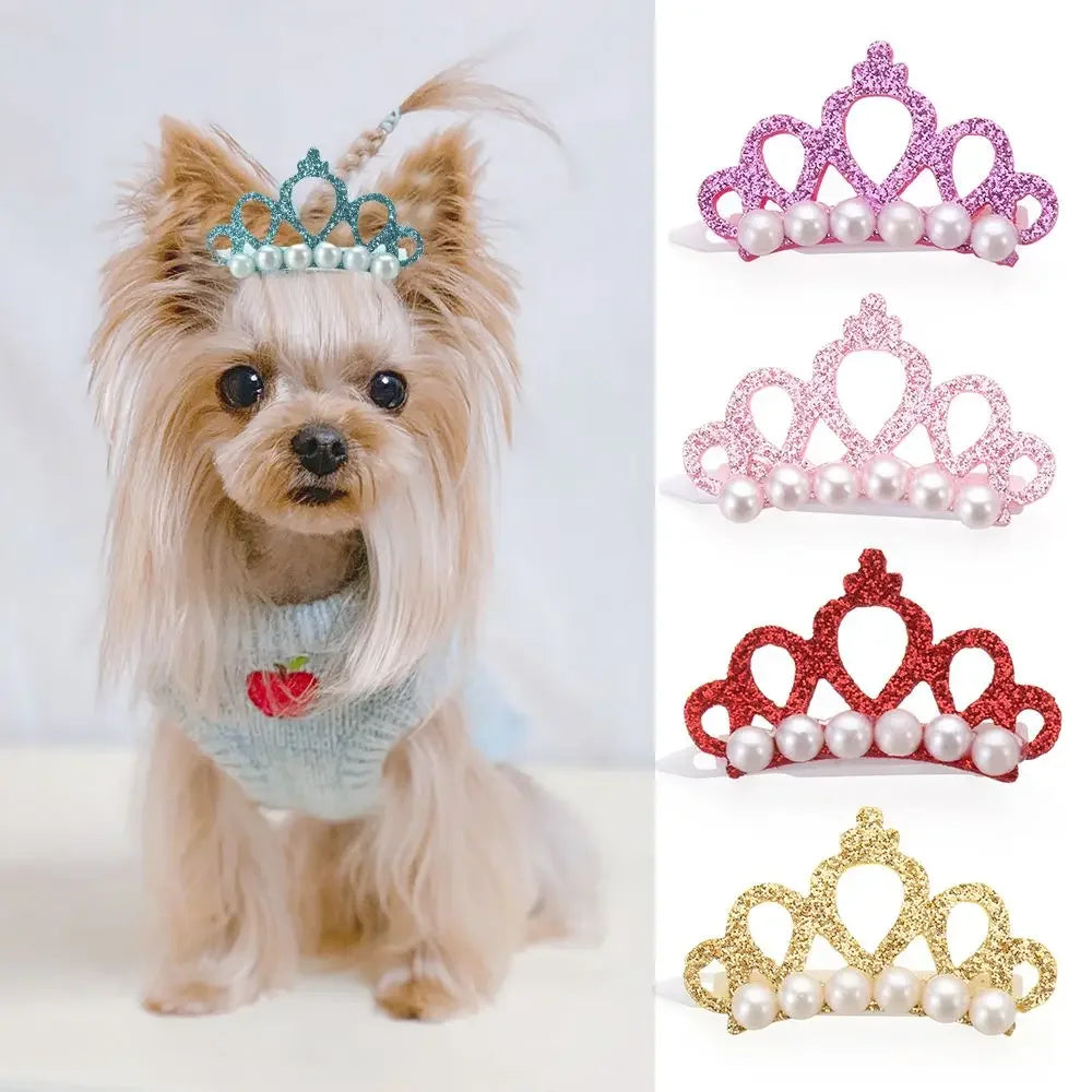Small Dog Hair Clip Bow Faux Pearl Crown – 1 Pc Cute Pet Accessory