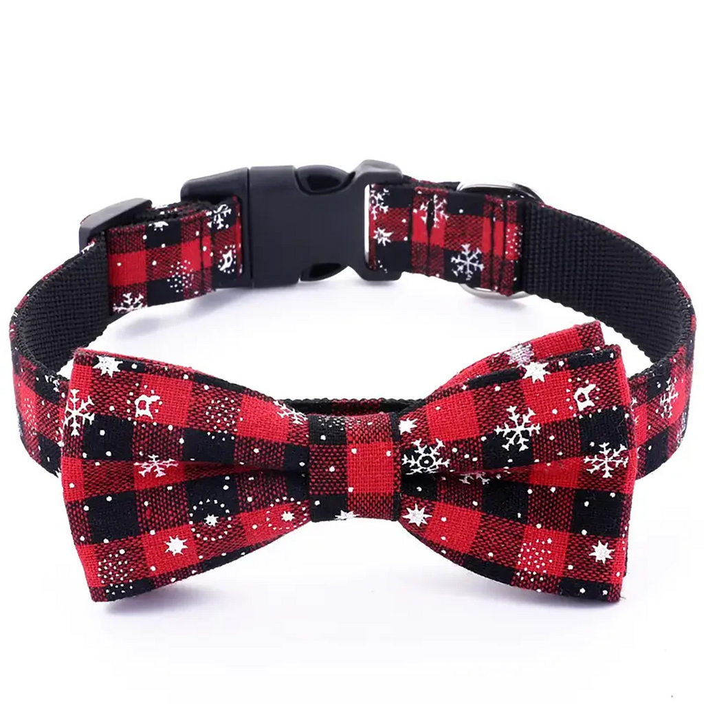 Christmas Dog Collar with Bow Tie – Plaid Snowflake Festive Red