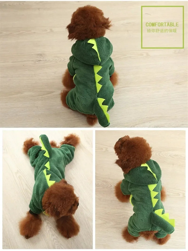 Blue Dinosaur Dog Coat – Thick Hooded Winter Jacket