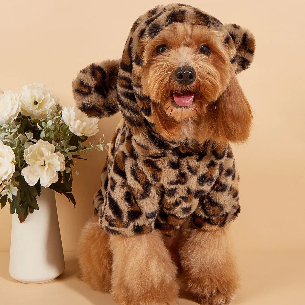 Leopard Print Dog Hoodie with Ears – Plush Fleece Winter Sweater