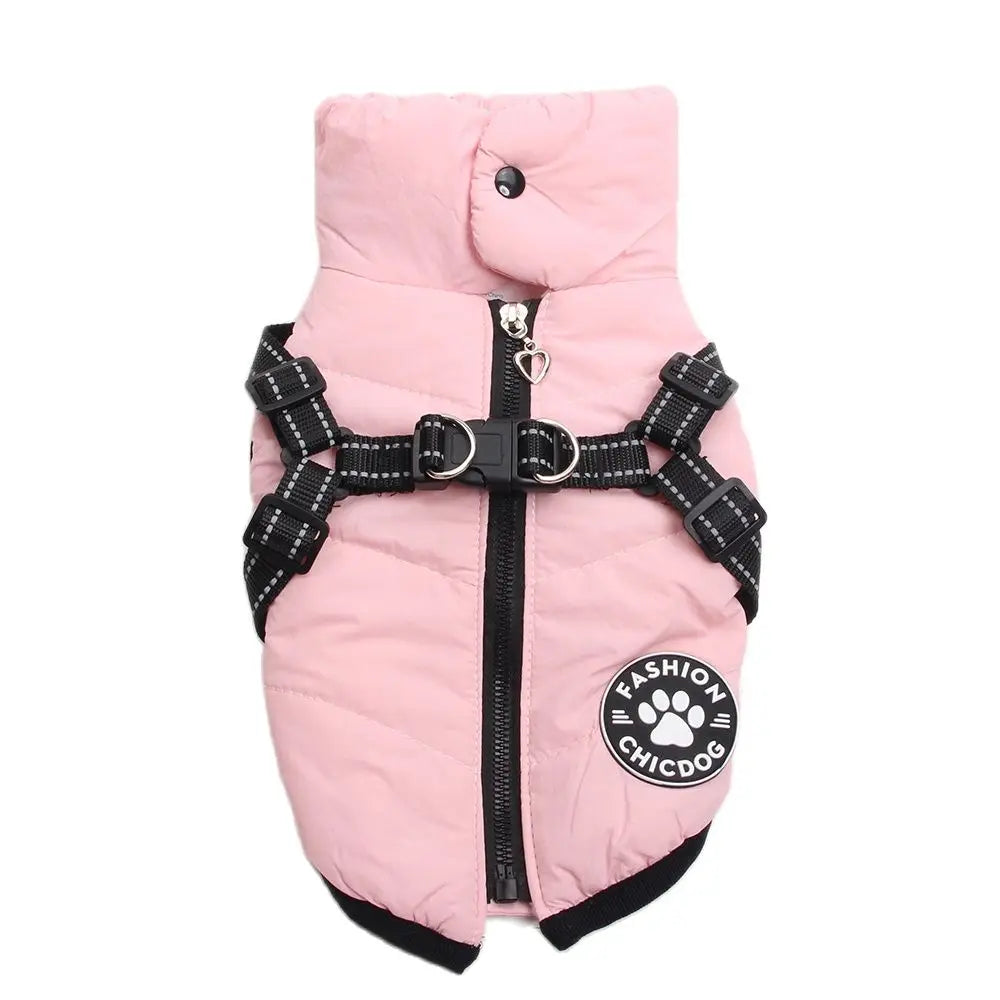 Winter Dog Coat Hoodie with Zipper Harness – Fleece Lined