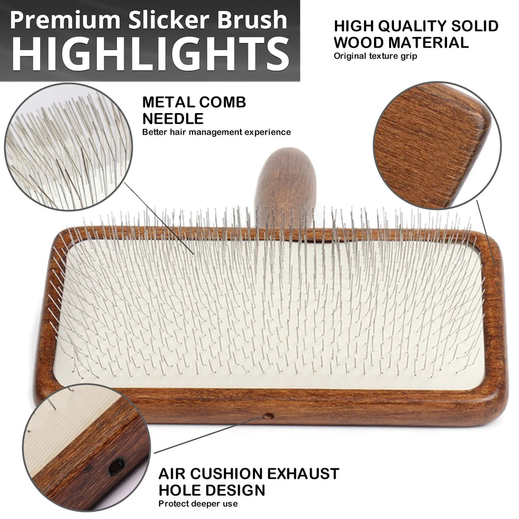 Dog Slicker Brush with Stainless Steel Pins & Wood Handle