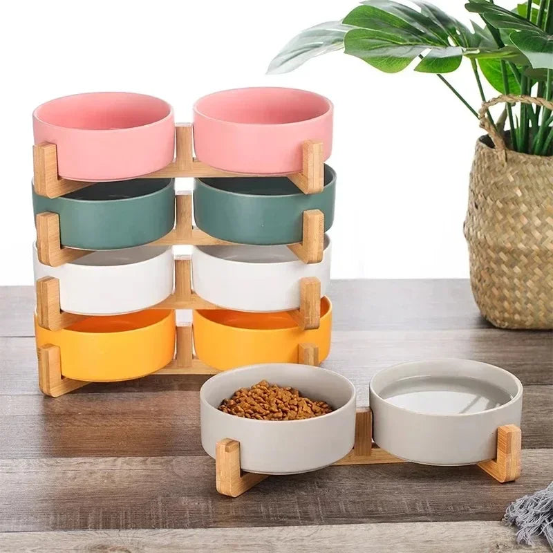 Elevated Ceramic Dog Bowl – Minimalist Bamboo Stand Feeder