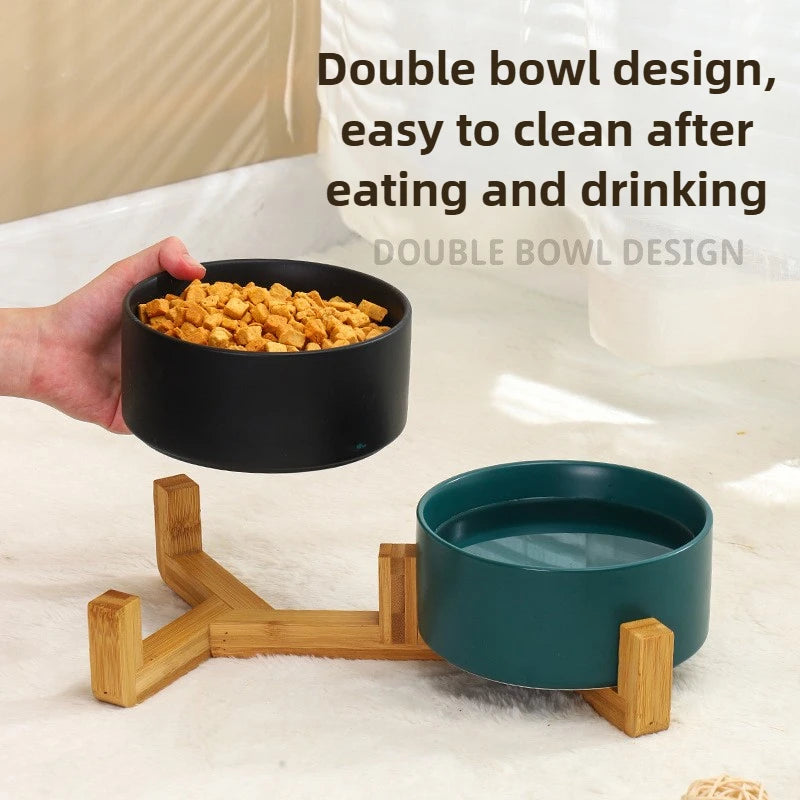 Elevated Ceramic Dog Bowl – Minimalist Bamboo Stand Feeder