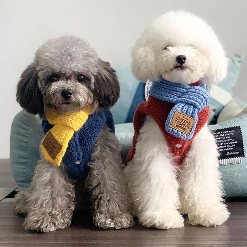 Korean Style Knitted Dog Scarf – Winter Warm Bow, One Size