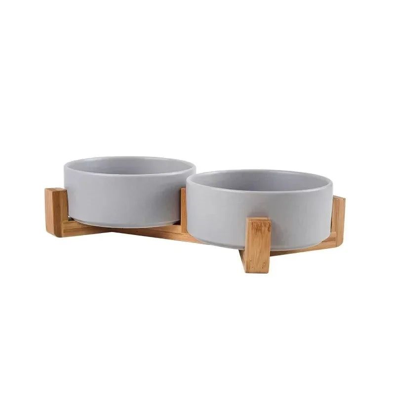Elevated Ceramic Dog Bowl – Minimalist Bamboo Stand Feeder