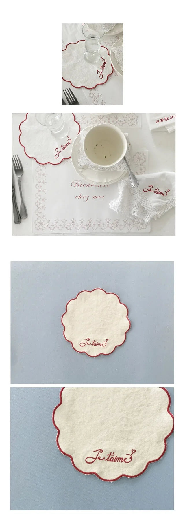 Embroidered Dog Mat – Pure Cotton Decorative Bowl Mat with Love Flower Trim for Dogs