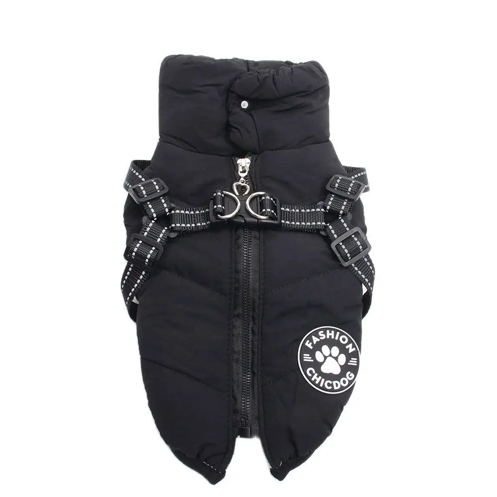 Winter Dog Coat Hoodie with Zipper Harness – Fleece Lined
