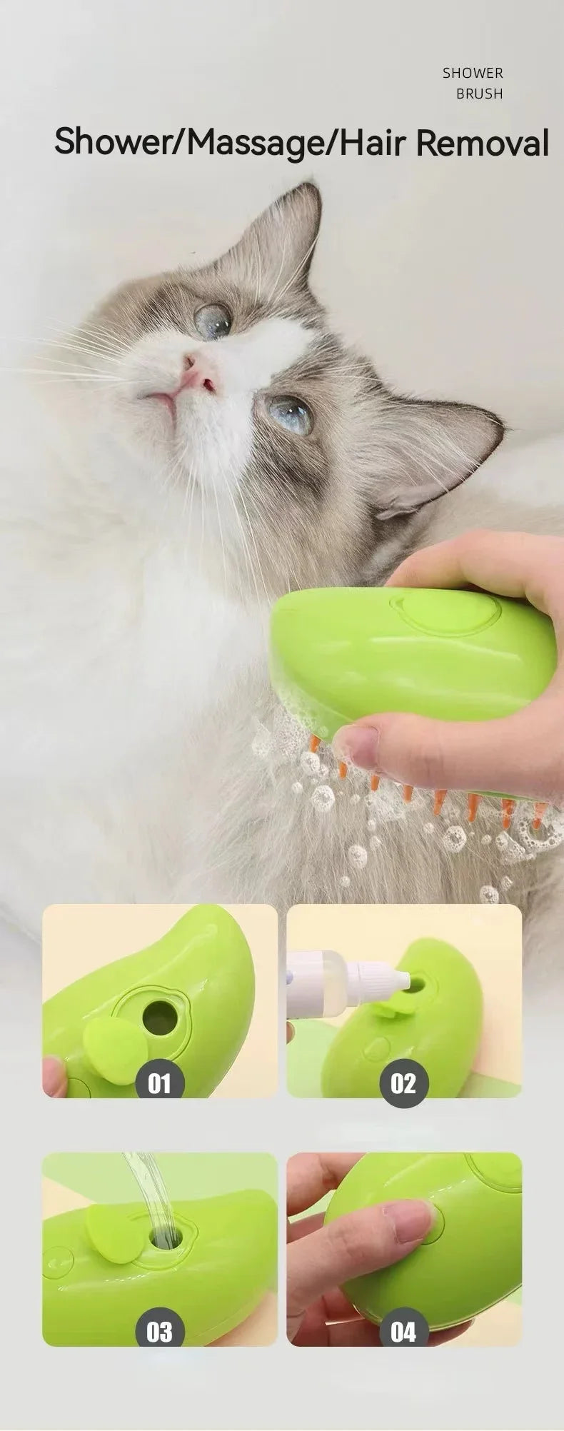 3-in-1 Electric Pet Hair Brush – Steam Spray, Massage & Hair Removal