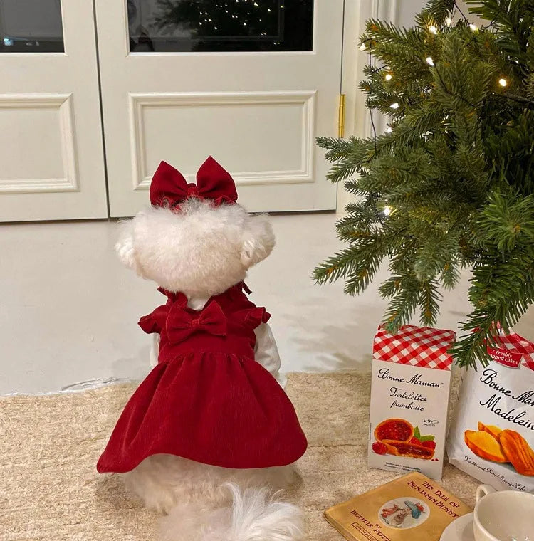 Winter Corduroy Dog Dress Set – Red Bow Outfit XS-XXL