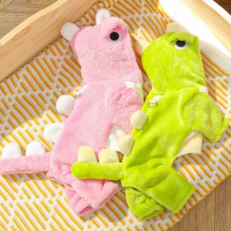 Dinosaur Dog Flannel Jumpsuit – Cozy Winter Romper for Small Dogs