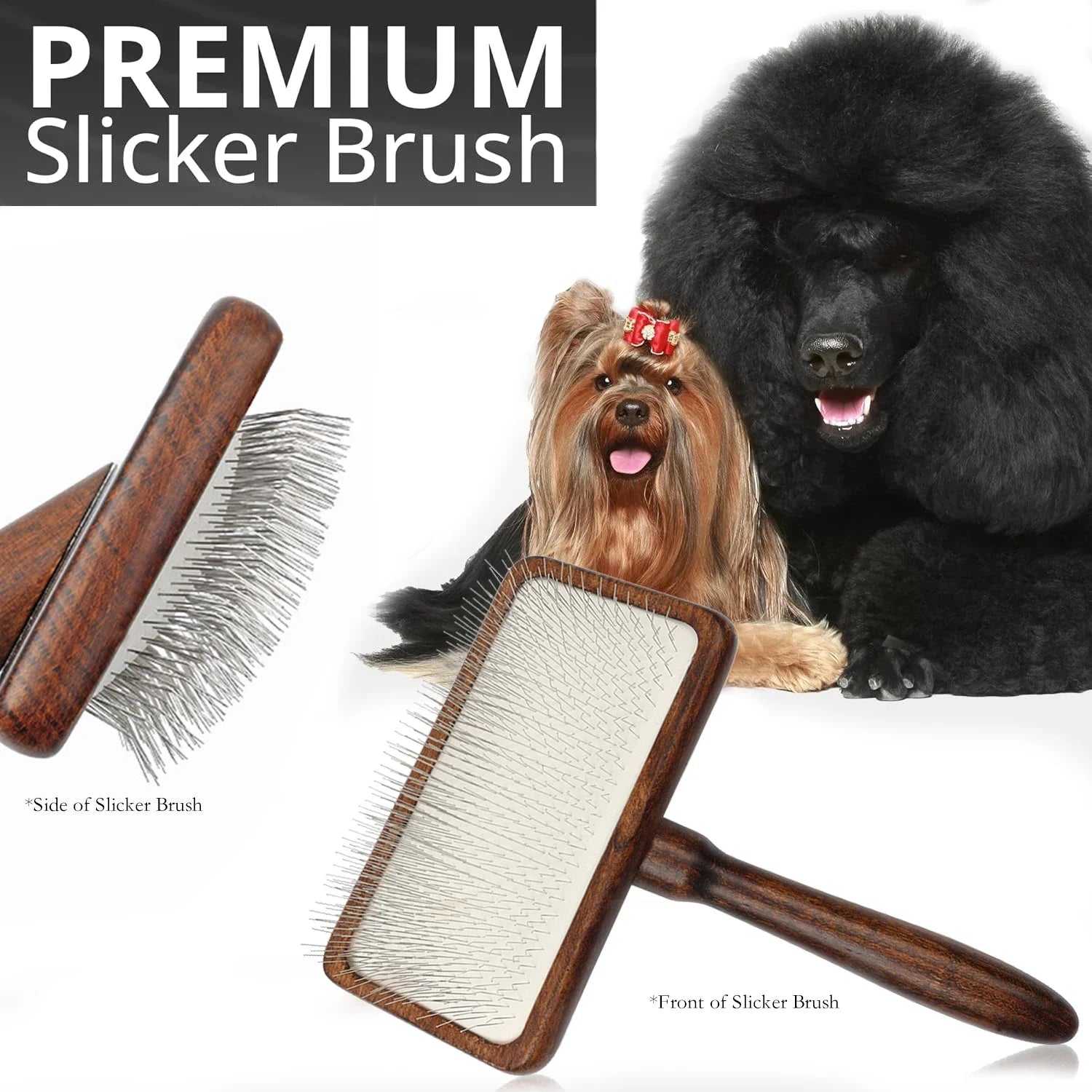 Dog Slicker Brush with Stainless Steel Pins & Wood Handle
