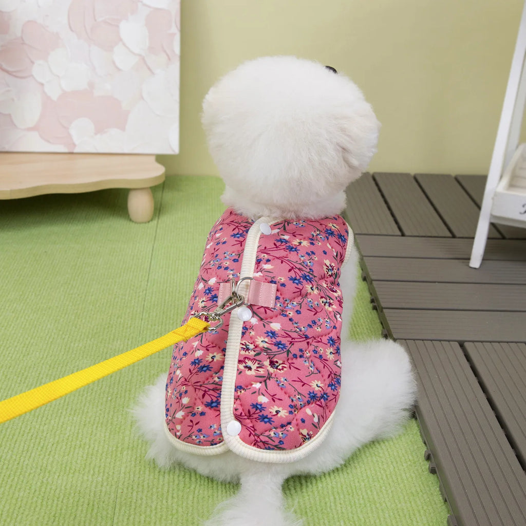 Floral Dog Vest Coat – Cotton Winter Fleece Jacket for Small Dogs