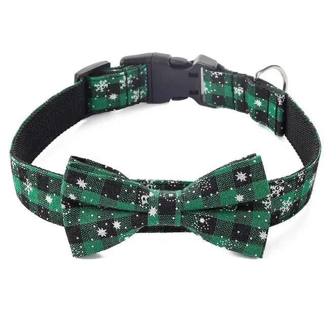 Christmas Dog Collar with Bow Tie – Plaid Snowflake Festive Red
