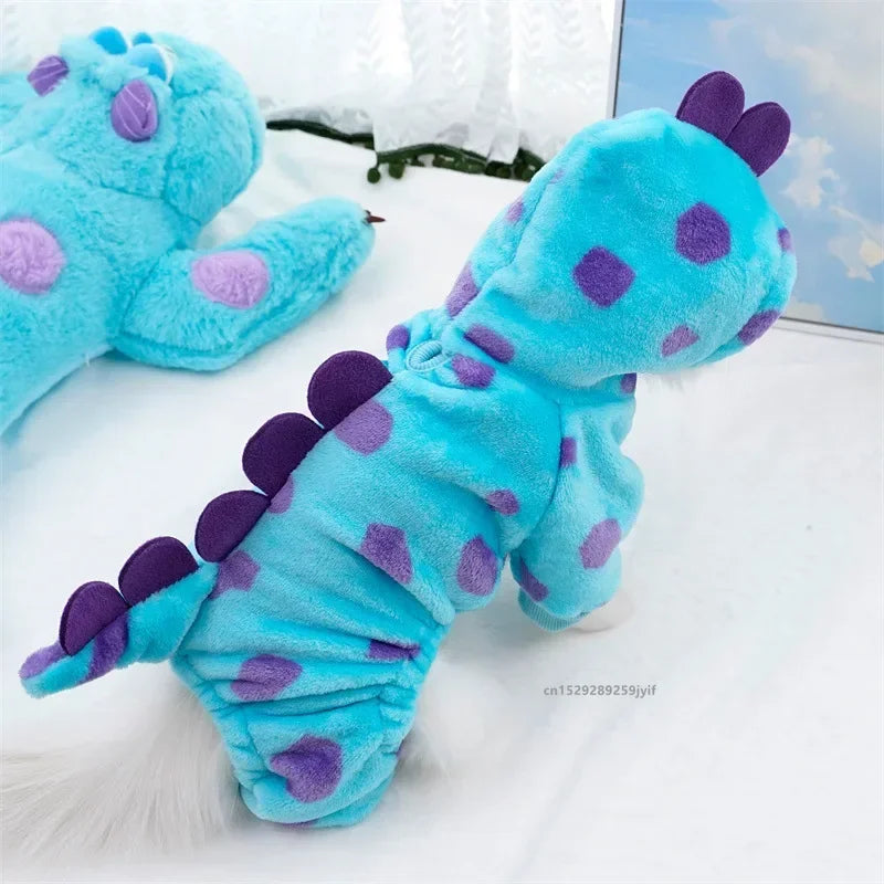 Blue Dinosaur Dog Coat – Thick Hooded Winter Jacket